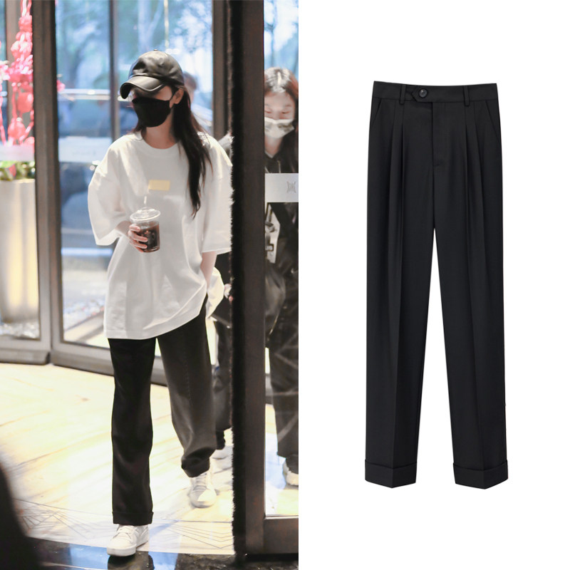 Yang Mi the same black suit pants women's straight loose high waist drooping smoke pipe wide leg pants high street ins early spring