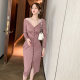 Annual meeting small evening dress skirt female banquet temperament noble lady sexy package hip slim fit autumn and winter long-sleeved knitted dress