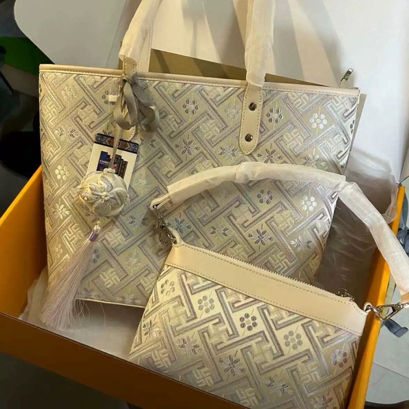 Guangxi Intangible Cultural Heritage Zhuang Brocade Silver Purple Wanji Pattern Mother-Daughter Tote Bag Ethnic Style Fashion Handbag Shoulder Crossbody Large Bag