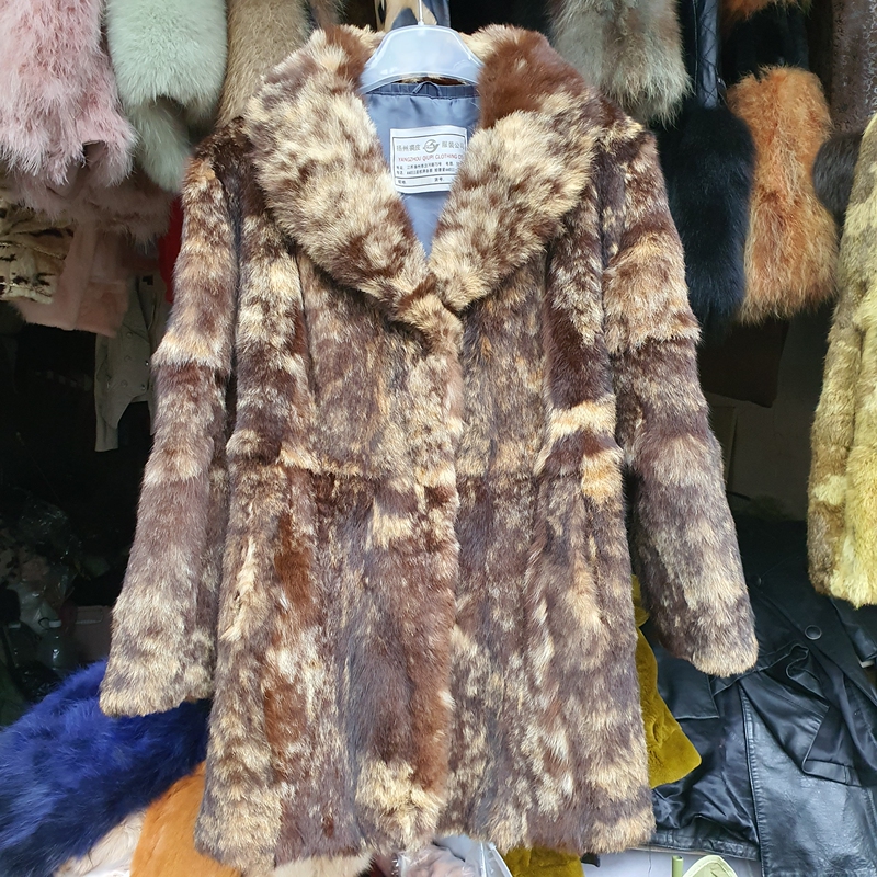 Genuine Leather and Fur Coat for Women, Mid-Length, Suit Collar, Floral Brown Pattern, Fur Coat