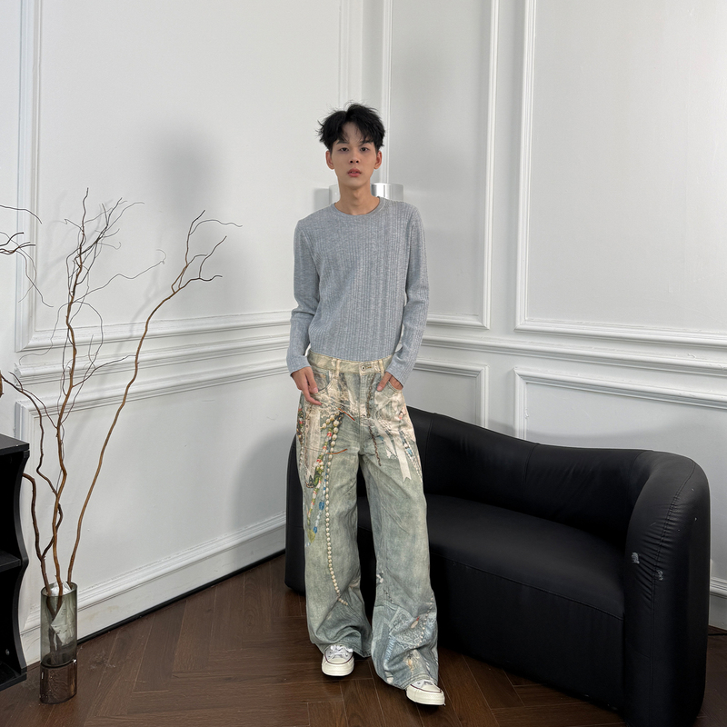 American Ac Style 1981m Pearl Lace Jeans Trendy Street Straight-Leg Loose Casual Pants Unisex American Ac Style 1981m Pearl Lace Jeans Trendy Street Straight-Leg Loose Casual Pants Unisex