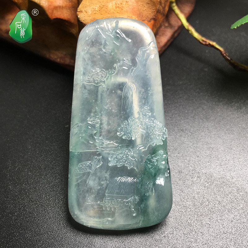 Quarry Weng Natural Burmese Emerald Floating Green Flower Landscape Brand Old Water Run A Jade Brand Pendant