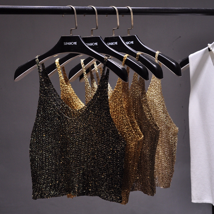 2020 Spring/Summer New Collection: Shiny Sequin Half-Waist Exposed Knitted Top with Hollow-Out Sexy Waist-Exposing Camisole