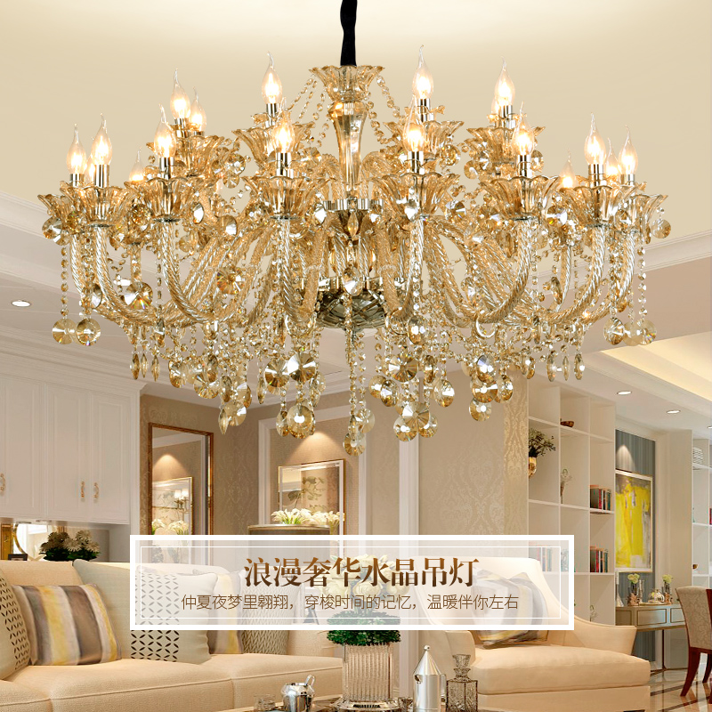 Crystal chandelier European style chandelier luxury living room chandelier dining room lamp villa double layer cognac color study lamp