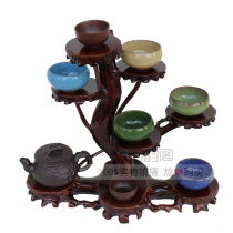 Solid wood ornaments base wood carving strange stone Jade bonsai wooden high and low conjoined platform multi-treasure rack teapot support