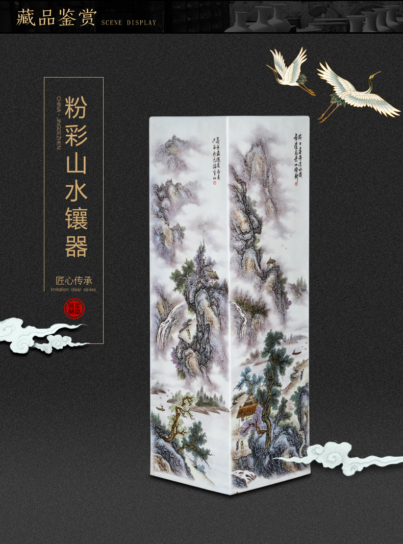 Jingdezhen ceramic square vase furnishing articles by hand - made pastel landscape with Chinese style living room home decoration