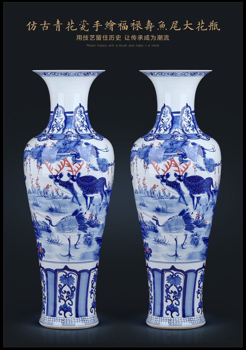 Jingdezhen ceramic antique hand - made landing big vase decoration to the hotel living room extra large blue and white porcelain with a gift