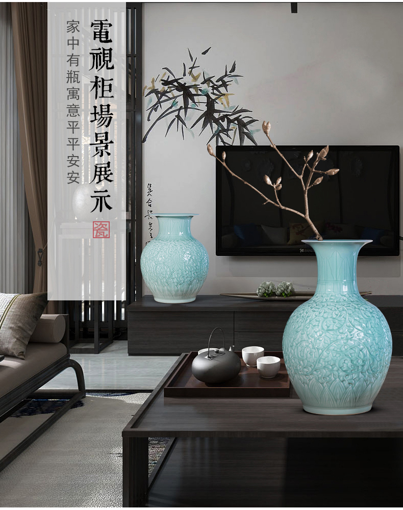 Jingdezhen ceramic vases, flower arranging large carving shadow blue glaze porcelain landing Chinese style living room TV cabinet decoration