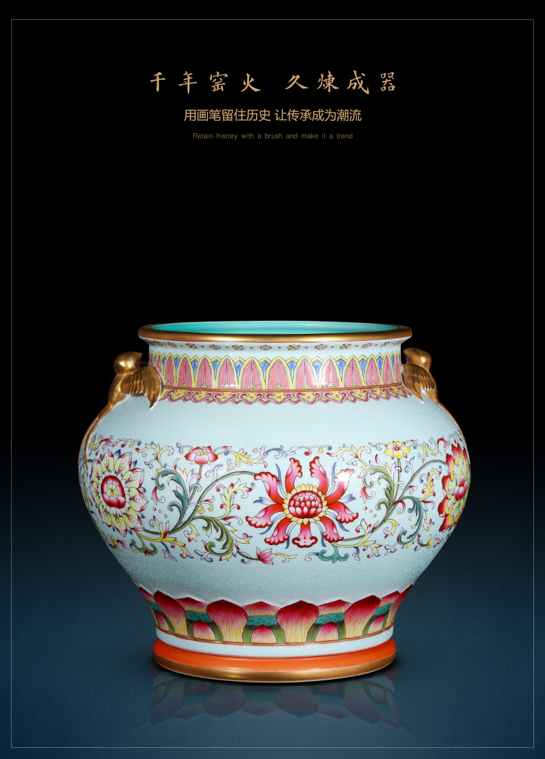 Jingdezhen ceramics imitation the qing qianlong, green flower basket with pastel ear cylinder tank Chinese style living room collection furnishing articles