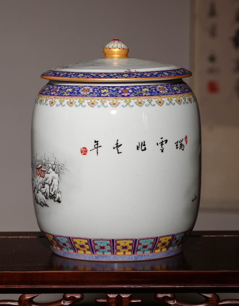 Jingdezhen ceramic tea pot a large household of Chinese style of archaize pastel high - capacity barrel puer tea storage tank