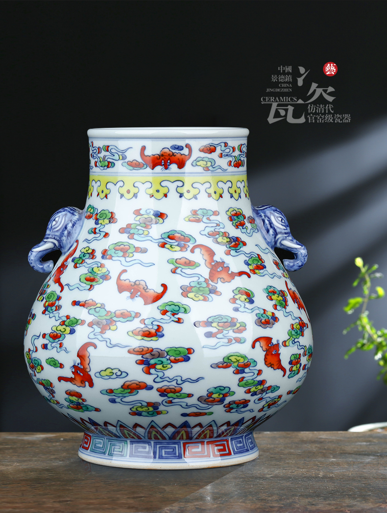 Jingdezhen ceramics ears blue and white buckets color porcelain vase archaize sitting room of Chinese style household flower arranging TV ark, furnishing articles