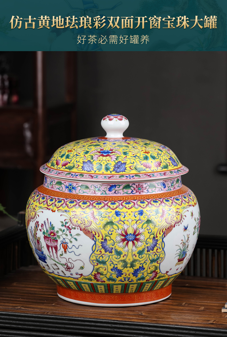 Jingdezhen ceramic colored enamel large moistureproof pu - erh tea and tea caddy fixings household restoring ancient ways with cover seal storage tank