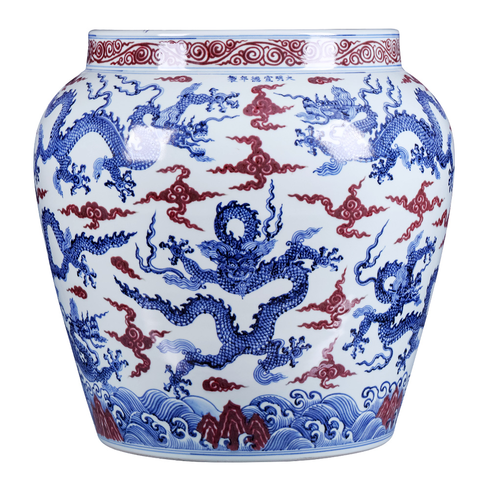 Jingdezhen blue and white youligong imitation Ming xuande years hand - made of red dragon grain VAT furnishing articles hotel courtyard sitting room adornment