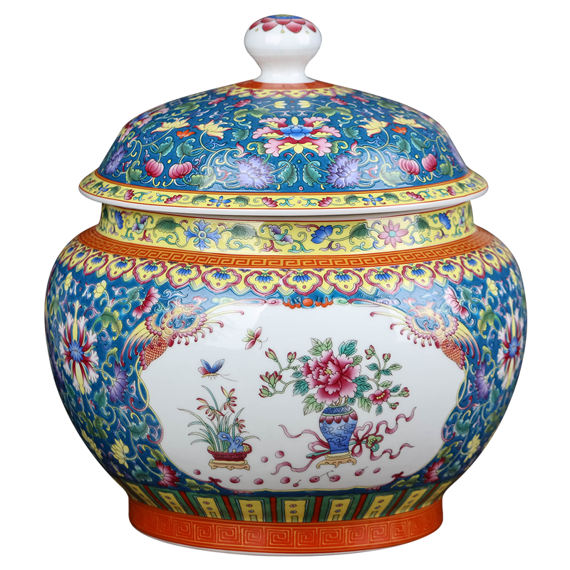 Jingdezhen ceramic colored enamel large moistureproof pu - erh tea and tea caddy fixings household restoring ancient ways with cover seal storage tank