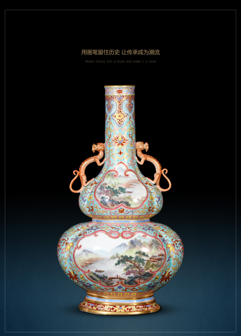 Jingdezhen ceramics qianlong pastel paint landscape therefore ear gourd vases, Chinese style household decorations furnishing articles