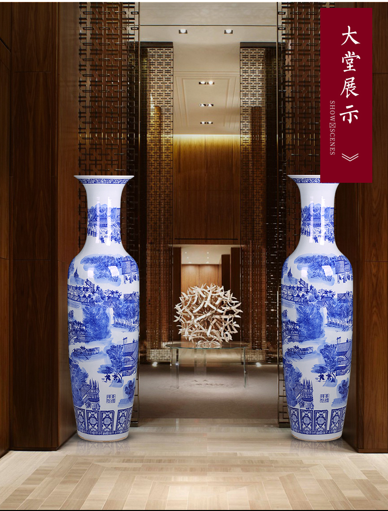 Jingdezhen blue and white porcelain ceramic vase qingming scroll furnishing articles extra large open living room floor decoration restoring ancient ways