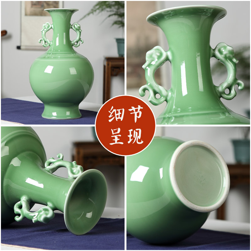 Jingdezhen ceramic furnishing articles manually celadon vase ears zen new sitting room of Chinese style household decoration process