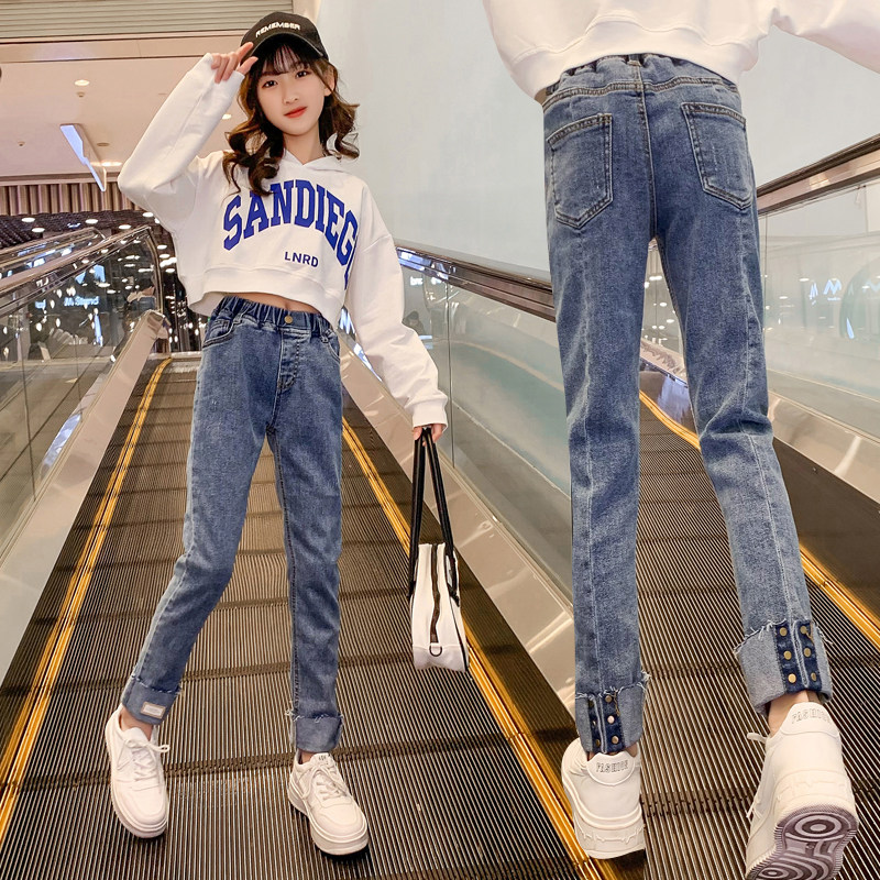 Girl Jeans Foreign Gas Plus Suede Big Boy Fall Fried Street Casual Workout Pants Children Dress Pants Spring Autumn-Taobao