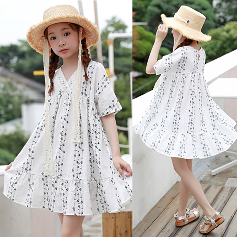 Girls' cotton short-sleeved dress children's summer dress in the big children's fashion Korean version of the little girl slub cotton summer skirt