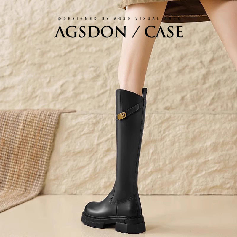 オーガストライオンの黒ロングブーツレディース2024年秋冬新作、膝丈すぎないマーティンナイトブーツ爆発