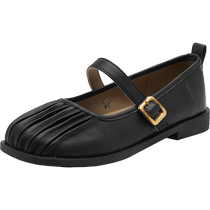 Augu Shiden French Mary Jane shoes for women summer 2024 Baotou one-word strap low heel soft sole black single shoes for women