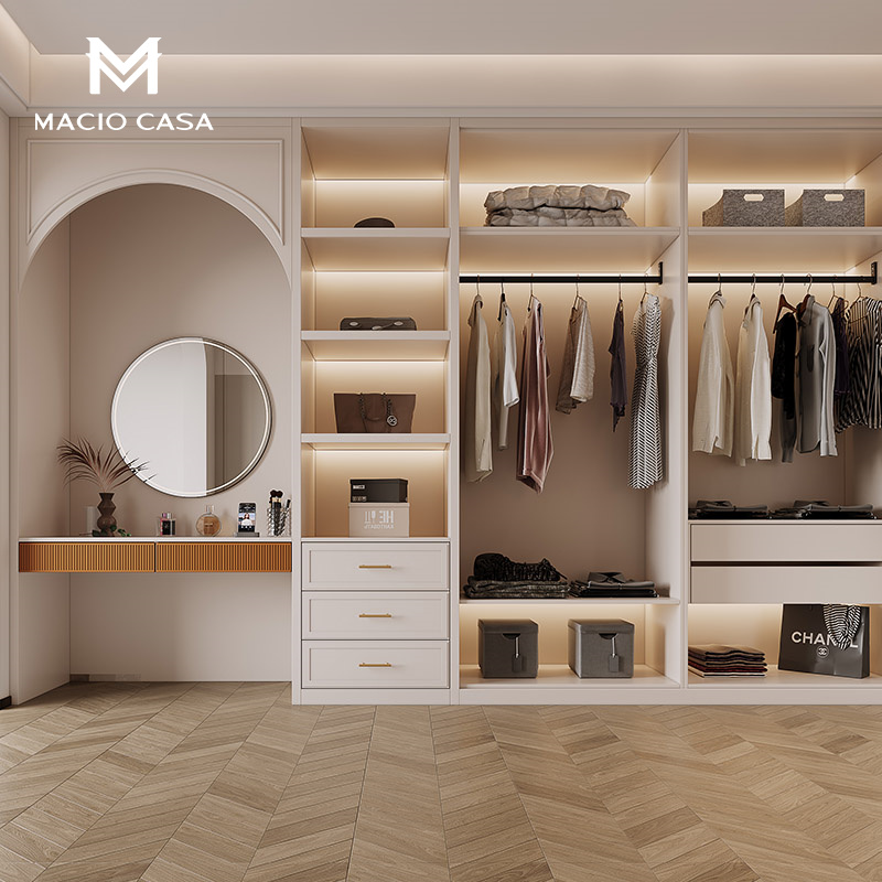 Mag Custom Wardrobe Home Bedroom Cream Style Walk-in Clothes Dressing Table Combination One Door-to-Popular Wardrobe (玛格定制衣柜家用卧室奶油风步入式衣帽间梳妆台组合一门到顶衣柜)