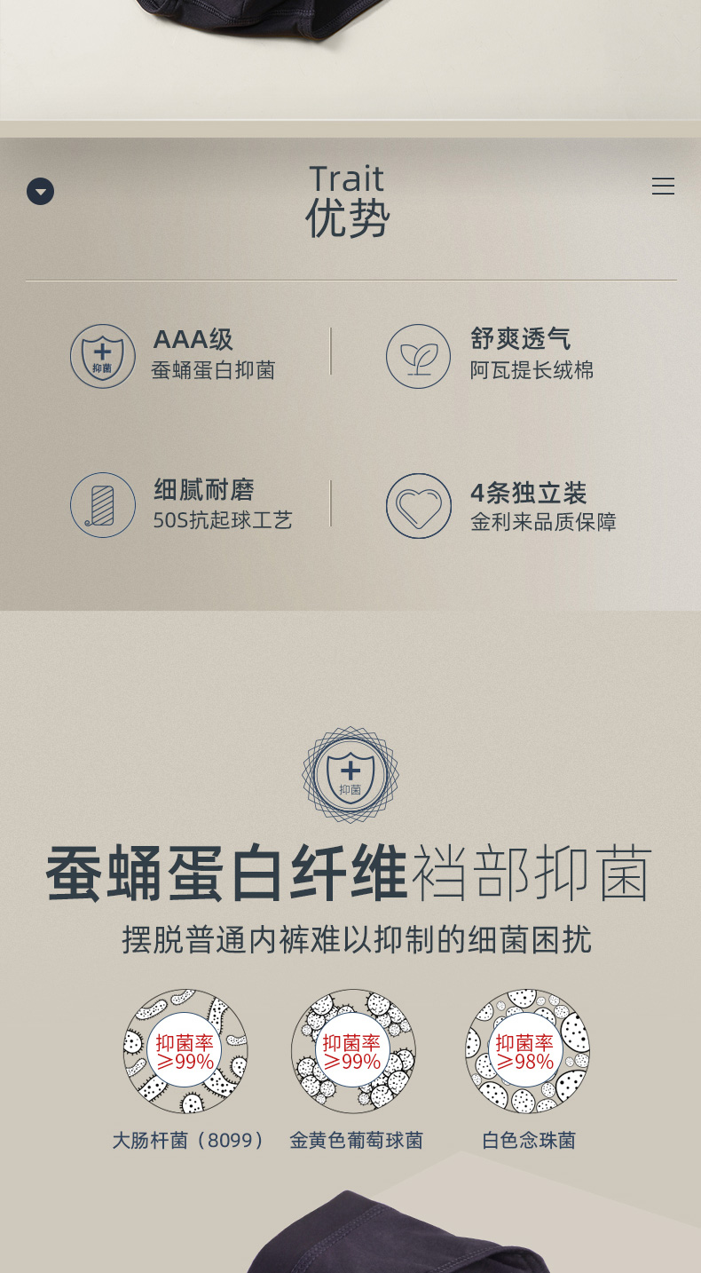 金利来 男士50支阿瓦提长绒棉 桑蚕丝抗菌内裤 4条 图2