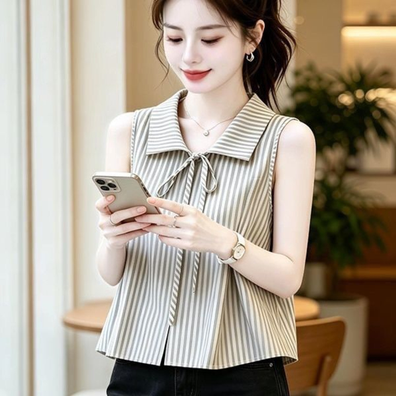 French-Style Niche Striped Sleeveless Shirt for Women, 2026 Summer, Plus Size, Tie Design, Loose Casual Tank Top French-Style Niche Striped Sleeveless Shirt for Women, 2026 Summer, Plus Size, Tie Design, Loose Casual Tank Top