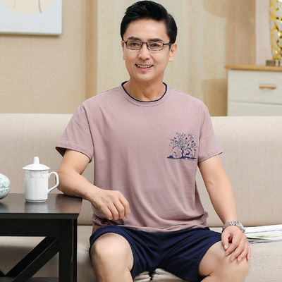 2中老年棉质短袖短裤睡衣男士夏款圆领套头中老年人爸爸家居服