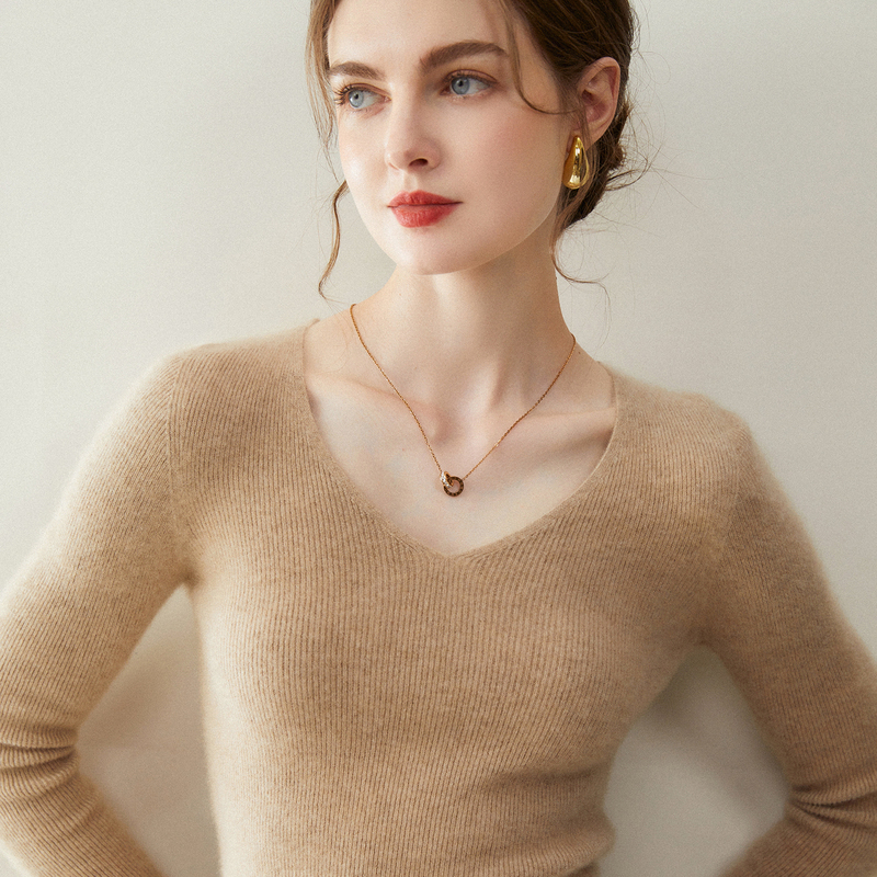 Mengjinjiao 100% Pure Cashmere Sweater for Women, Seamless V-Neck, Ribbed, Slim-Fit Base Sweater, Knitwear for Layering