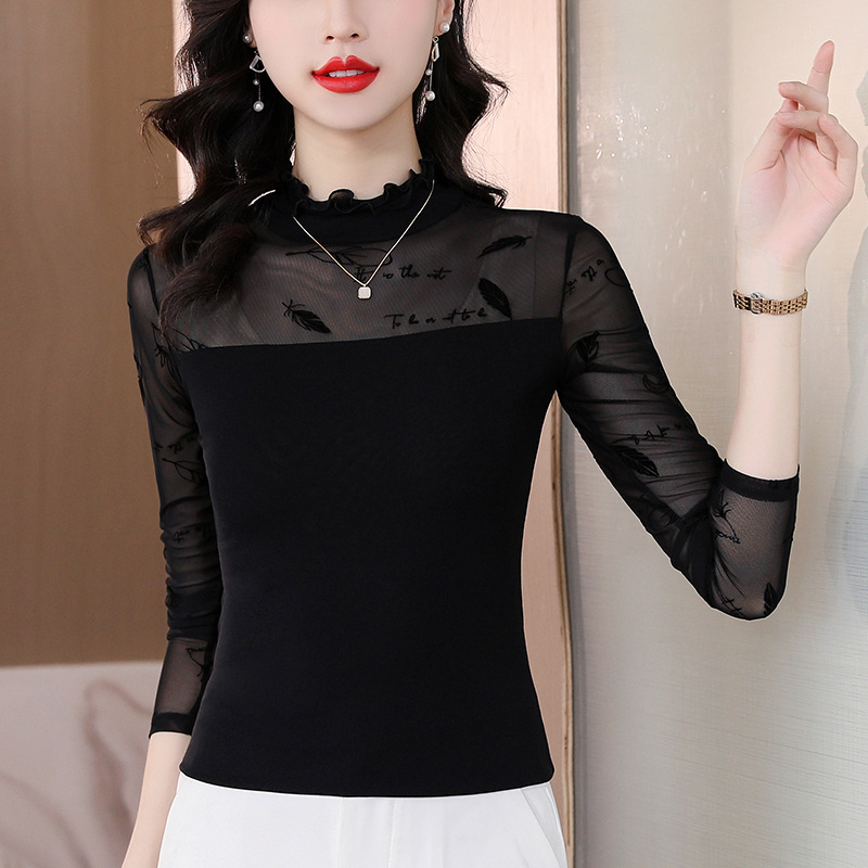 Half-High Collar Lace Mesh Base Shirt for Women, Spring and Autumn Slim-Fit Long-Sleeve T-Shirt with Hollow-Out and Ruffled Edge Design