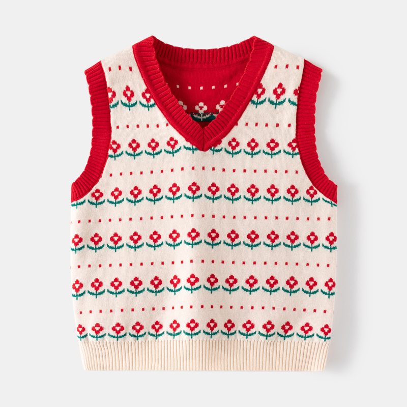 Cute and Sweet Little Flower V-Neck Spring and Autumn New Red Vest for Girls, Baby Vest, Children's Clothing, Floral Girl Sweater Vest
