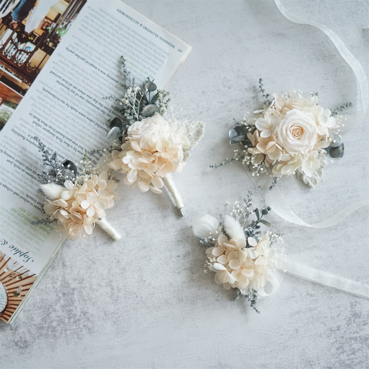 #BIRDHANDMADE# Eternal Life Light Champagne Groom Corsage Bride Wrist Flower Groomsman Bridesmaid Flower