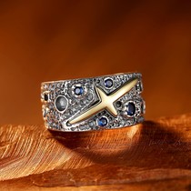 Starry sky blue ring male sterling silver single domineering trendsetter mens personality Thai silver retro opening widened Korean version of tradesmen