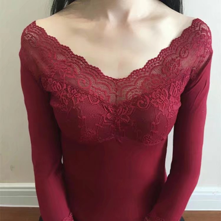 Mùa thu quần áo mỏng phần cổ chữ V ren body body áo đơn mảnh bó sát đáy áo cotton nhiệt đồ lót nữ áo giữ nhiệt cổ lọ