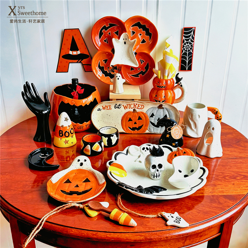 Halloween Ceramic Tableware Collection, Pumpkin Ghost Skull Mug and Plate, Festive Party Atmosphere Setting