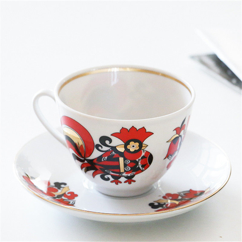 W1962 Russia Imports Lomonosov Royal Ceramics Phnom Penh Red Rooster Coffee Cups and Saucers