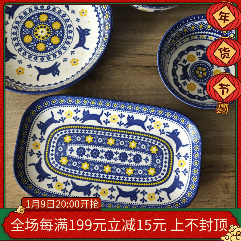 W1962 Japanese casa new blue and white underglaze Kitty pastoral blue flower cat dinner plate Wheat Bowl