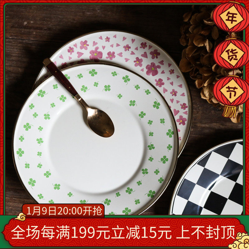 W1962 Japan new vintage country wind floral iron enamel plate home baked rice plate snack plate iron plate