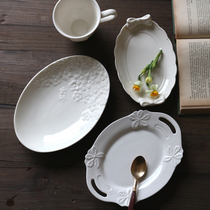 W1962 export European white relief flower bow Oval small plate dim core plate flower plate