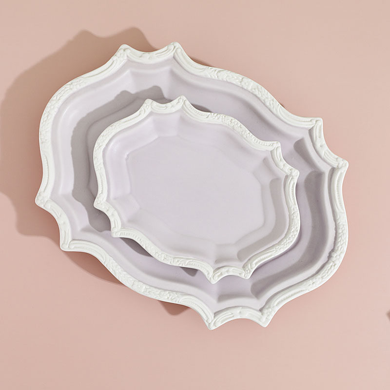 W1962 new retro rococo style embossed pink purple blue ceramic tray dessert plate dinner plate jewelry plate