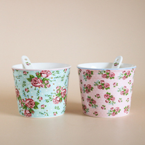 W1962 export British ceramic English pastoral style pink Blue small floral pudding bowl ice cream bowl with spoon
