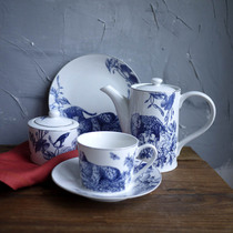 W1962 export European blue and white porcelain leopard decoration Jungle line drawing tea cup saucer teapot plate set