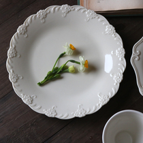 W1962 European retro French ceramic cream curly grass flower embossed side elegant dinner plate dessert plate