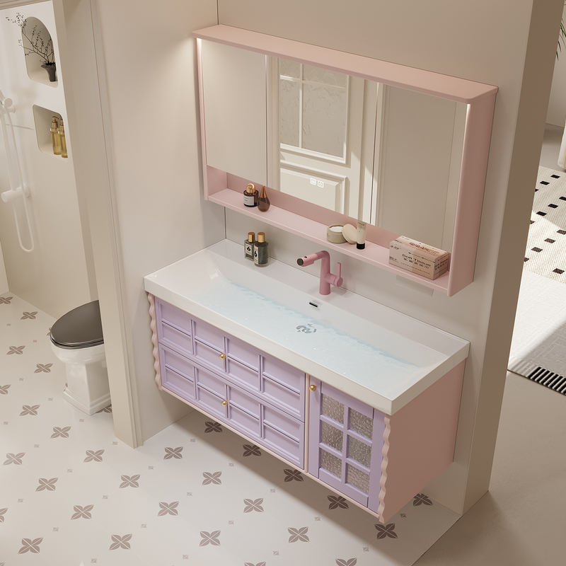 Junchuang Original Designer Color-Block Bathroom Cabinet Feng Shui Mirror Cabinet Pink-Purple Dopamine Washbasin Deep Ocean Basin