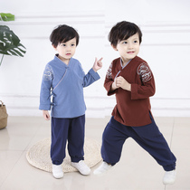Autumn childrens costume Hanfu baby Chinese style shoulder embroidered dragon cotton linen suit Chinese class book childrens clothing neutral