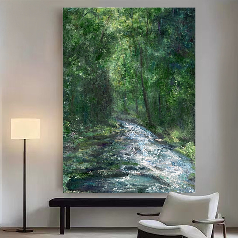 Flowing Water Forest Purely Hand-Painted Oil Painting Modern Living Room Decorative Painting Textured Green Wall Art for Entrance Hall Landscape Sofa Art