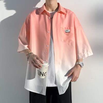 Ice silk gradient short-sleeved shirt for men, summer plus-size loose casual trendy brand men's five-quarter sleeve high street shirt coat
