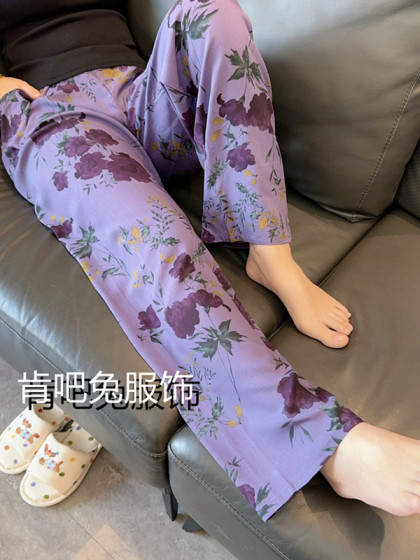 Cotton Silk Pajama Pants for Women, Summer Thin Style, Large Size, Artificial Cotton Silk, Can Be Worn Outside, Home Floral Long Pants, Straight and Loose