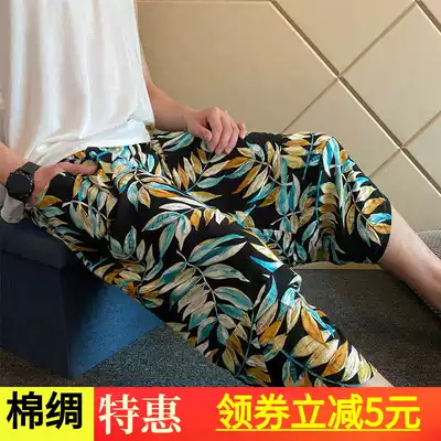Summer thin men cotton silk cotton Capri pants couple big size beach pants home pants artificial cotton loose shorts